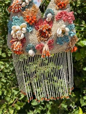 NWT Made in India Seashell Flower Floral Fringe Tassels Draped Beaded Bag